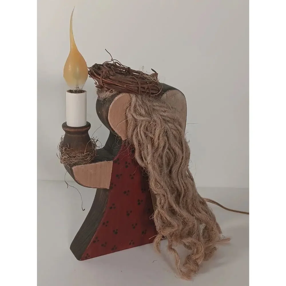 Angel Electric Candle Wooden Primitive Lamp Light Silicone Bulb Grapevine 9